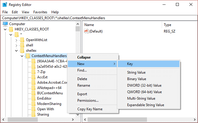 Haga clic derecho en ContextMenuHandlers y seleccione Nuevo, luego haga clic en Clave |  Arreglar la falta de apertura con la opción desde el menú contextual del botón derecho
