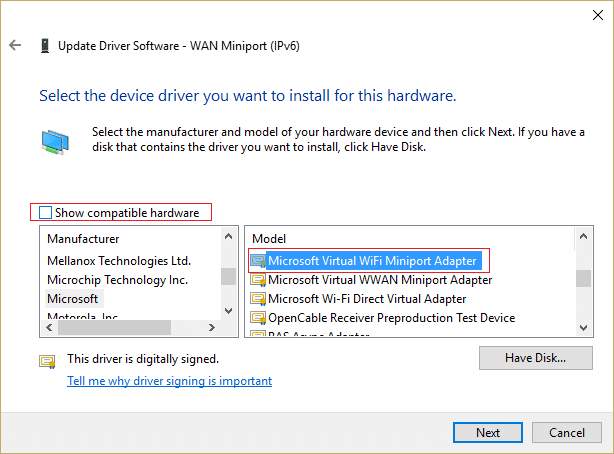 desmarque Mostrar hardware compatible y seleccione Adaptador de minipuerto Wifi virtual de Microsoft