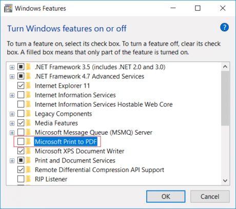 Desmarque Microsoft Print to PDF en la característica de Windows