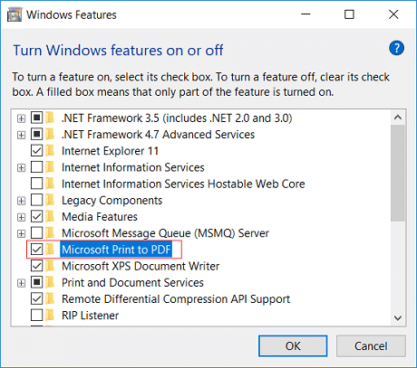 Marque Microsoft Print to PDF en la característica de Windows