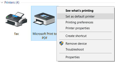 Haga clic derecho en Microsoft Print to PDF y luego seleccione Establecer como impresora predeterminada