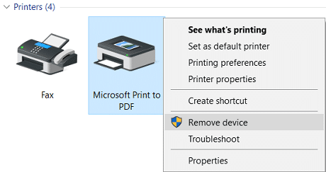 Haga clic derecho en Microsoft Print to PDF y luego seleccione Eliminar dispositivo