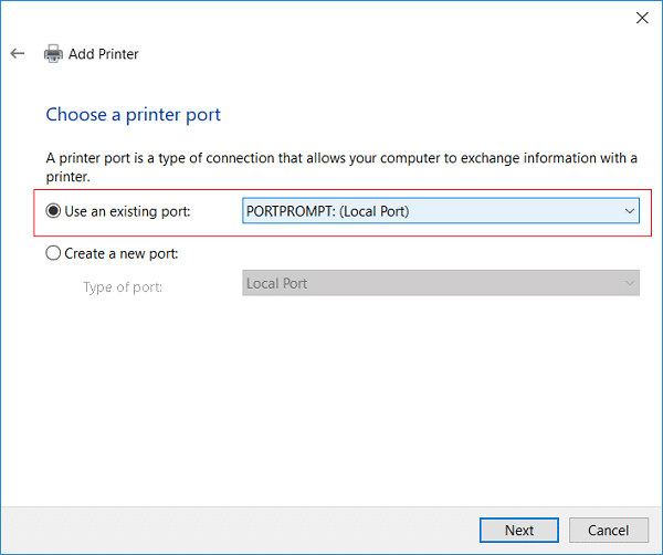 Seleccione PORTPROMPT (Puerto local) en el menú desplegable Usar un puerto existente