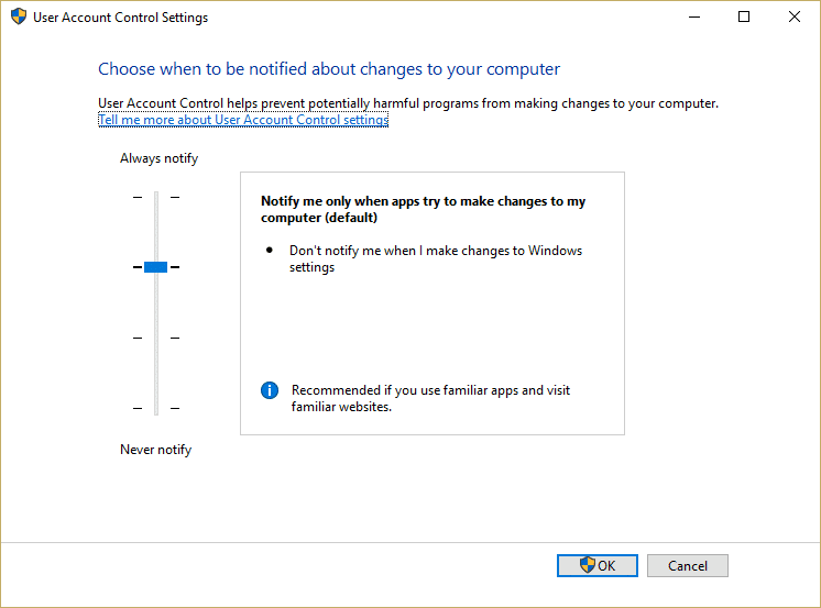 La ventana Configuración de control de cuentas de usuario mueve el control deslizante al segundo nivel desde la parte superior