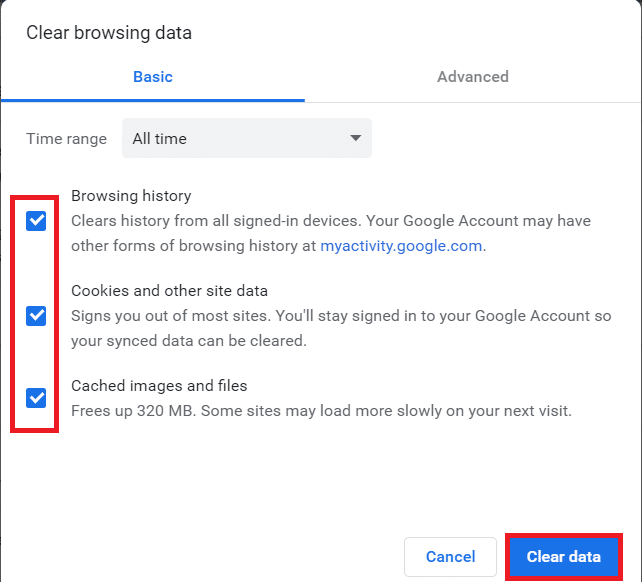 Seleccione todas las cookies y cachés de la lista y finalmente borre todos los datos de navegación 