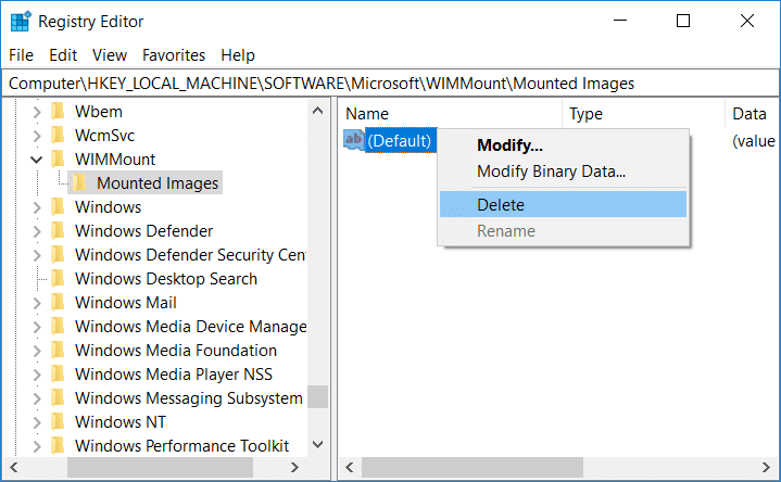 Haga clic con el botón derecho en la clave de registro predeterminada y seleccione Eliminar en el editor de registro de imágenes montadas