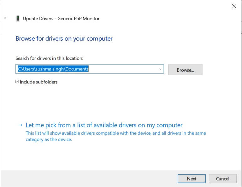 Haga clic en Permitirme elegir de una lista de controladores de dispositivos en mi computadora