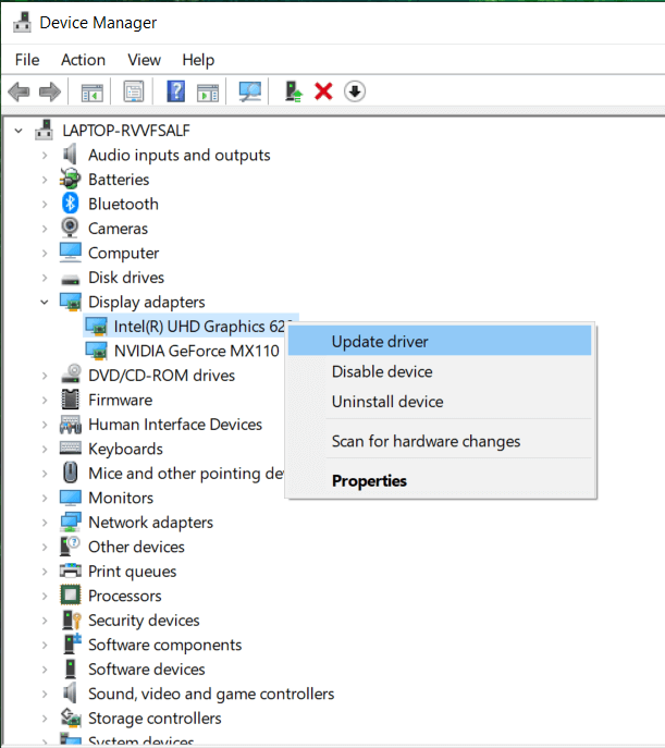 Haga clic derecho en el controlador de su tarjeta gráfica y luego seleccione Actualizar software de controlador