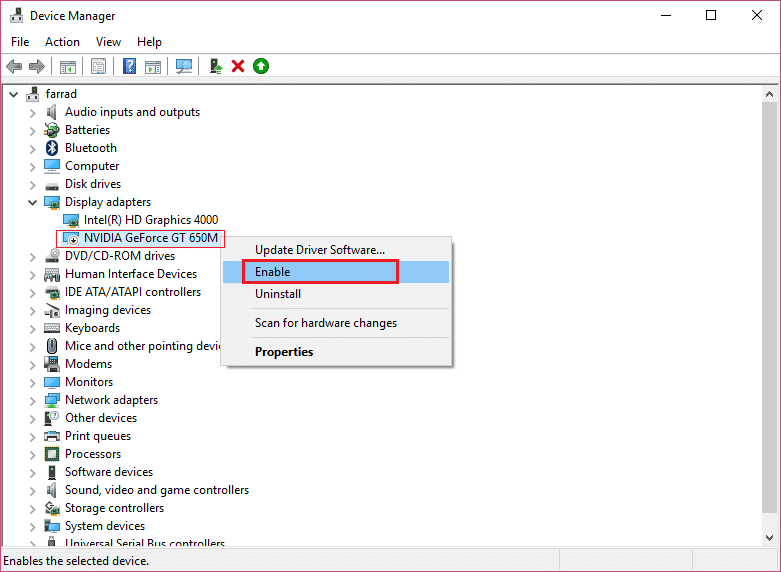 haga clic derecho en su tarjeta gráfica Nvidia y seleccione Habilitar |  La configuración de brillo de Windows 10 no funciona [SOLVED]