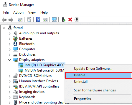 haga clic con el botón derecho en la tarjeta gráfica y seleccione Desactivar