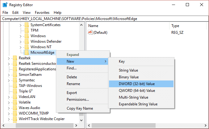 Ahora haga clic con el botón derecho en la clave MicrosoftEdge y seleccione Nuevo, luego haga clic en Valor DWORD (32 bits).