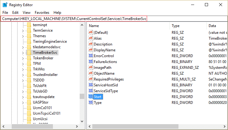 Resalte la clave de registro TimeBrokerSvc y luego haga doble clic en Iniciar DWORD