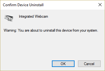 Confirme la desinstalación del dispositivo WebCam y haga clic en Aceptar