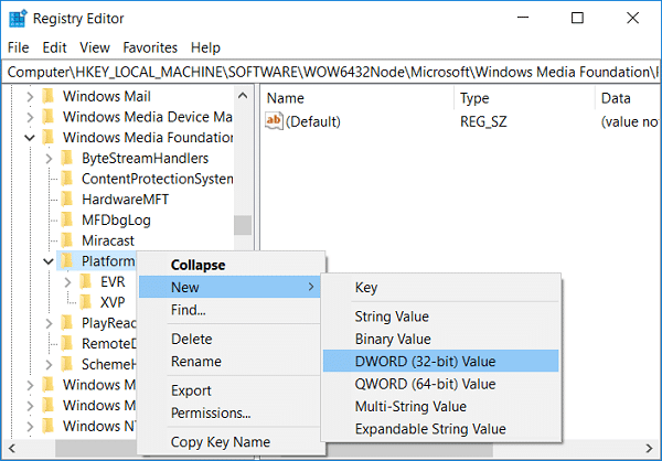 Haga clic derecho en la clave de la plataforma, luego seleccione Nuevo y luego elija el valor DWORD (32 bits)