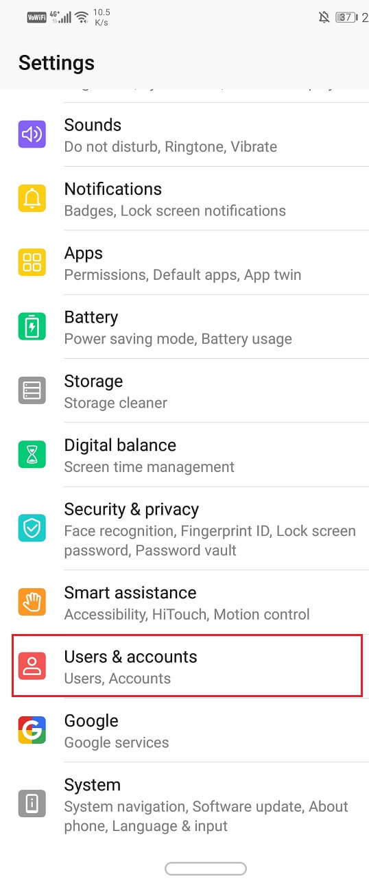 Haga clic en Usuarios y cuentas |  Arreglar Gmail que no envía correos electrónicos en Android