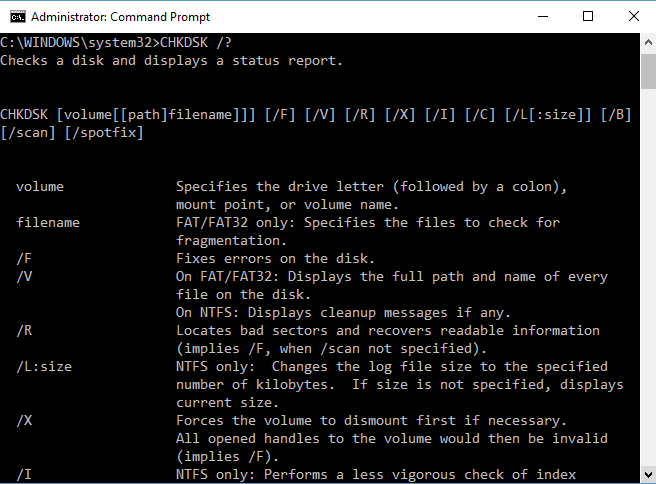 Comandos de ayuda de chkdsk