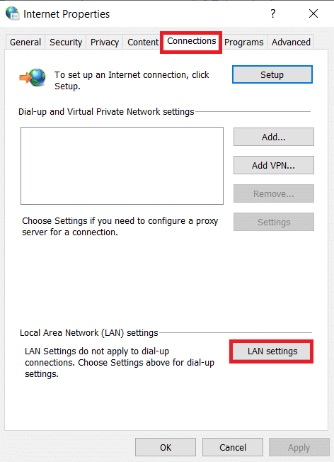 Una vez que se abra la ventana Opciones de Internet, cambie a la pestaña Conexiones y haga clic en Configuración de LAN.