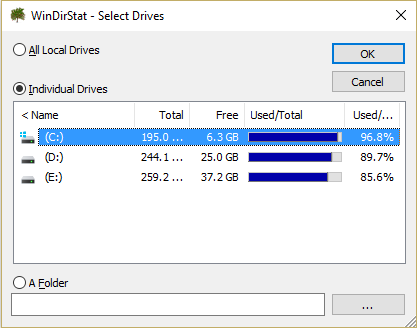 Seleccione la unidad que desea escanear con WinDirStat