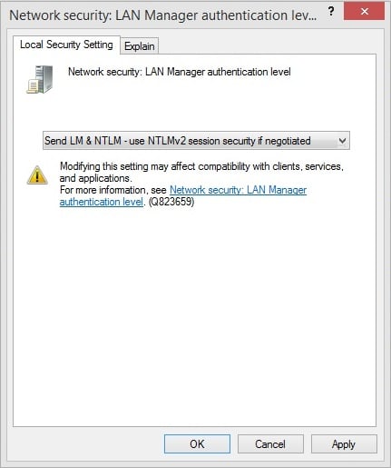 Elija Enviar LM y NTLM: use seguridad de sesión NTLMv2 si se negocia.