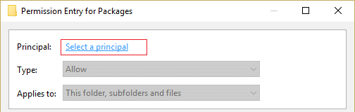 haga clic en seleccionar un principal en la configuración de seguridad avanzada de los paquetes