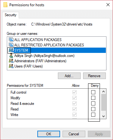 Configuración de permisos del sistema para el archivo host