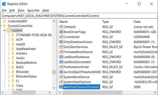 Navegue hasta la cadena WaitToKillServiceTimeout en el registro de Control