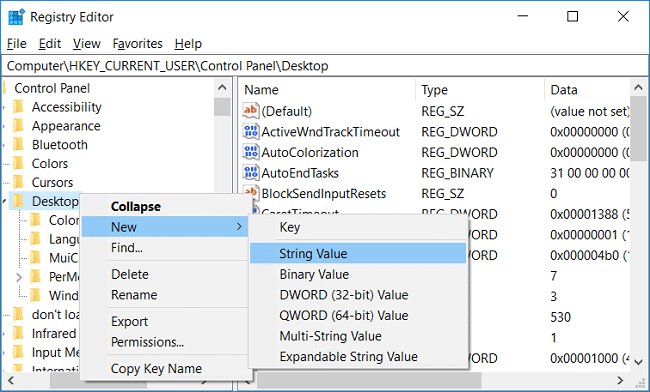 Haga clic con el botón derecho en Escritorio, luego seleccione Nuevo y Valor de cadena, luego asígnele el nombre WaitToKillServiceTimeout