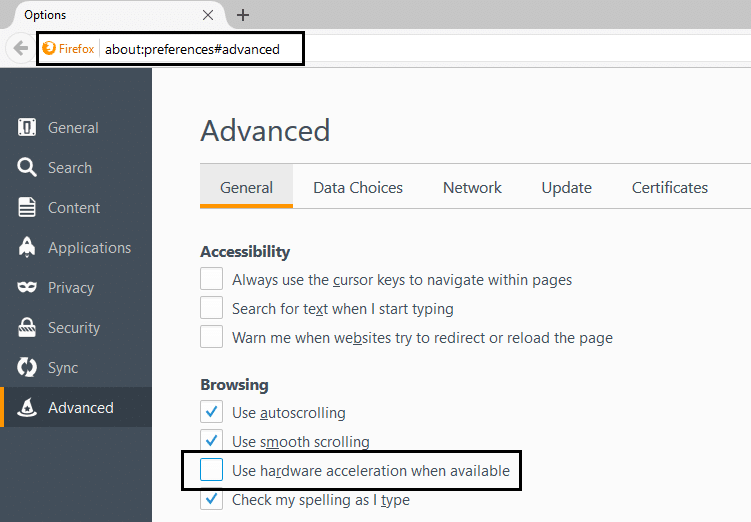 desmarque usar aceleración de hardware cuando esté disponible en firefox