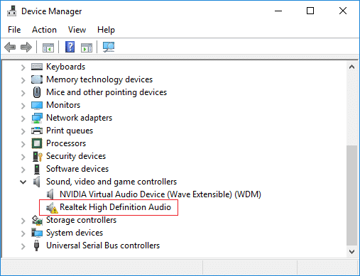 Si hay un signo de exclamación amarillo debajo del controlador de sonido, debe hacer clic con el botón derecho y actualizar el controlador.