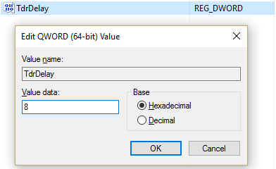 Ingrese 8 como valor en la clave TdrDelay para la clave de 64 bits