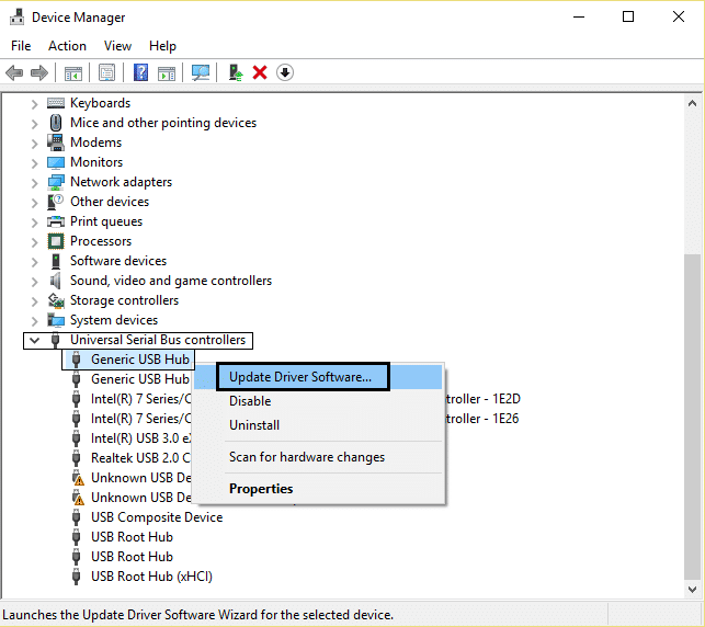 Software de controlador de actualización de concentrador USB genérico