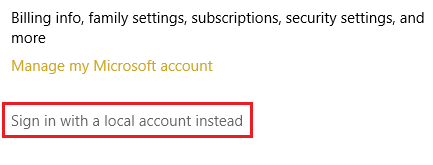Haga clic en Cuenta y luego inicie sesión con una cuenta local.