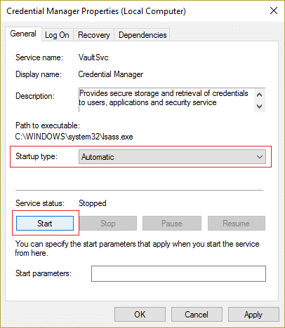 Asegúrese de que el tipo de inicio del servicio Credential Manager esté configurado en Automático y haga clic en Iniciar