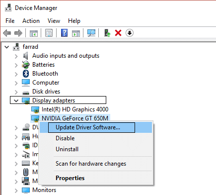 actualizar el software del controlador en los adaptadores de pantalla