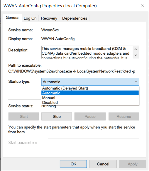 Establezca el tipo de inicio de WWAN AutoConfig en Automático