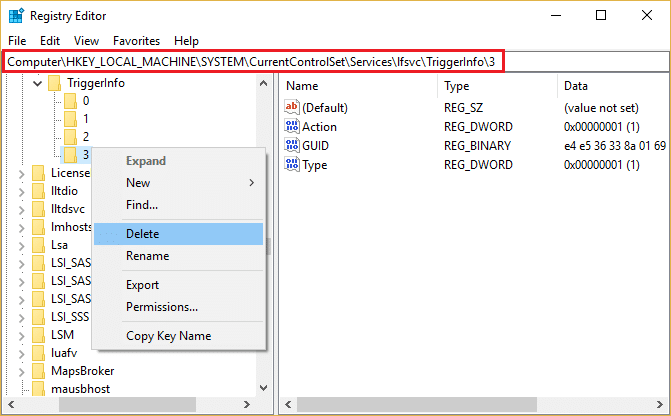 Haga clic con el botón derecho en 3 subclaves de TriggerInfo y seleccione Eliminar