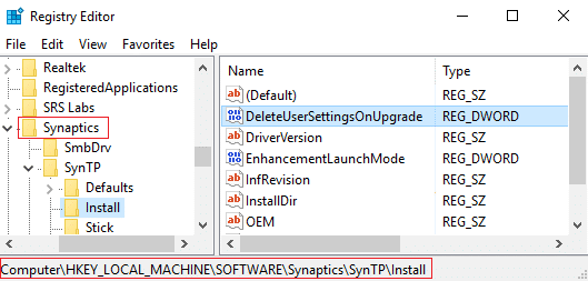 Vaya a Synaptics y luego busque DeleteUserSettingsOnUpgrade Key