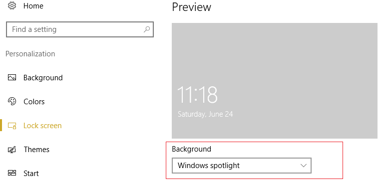 asegúrese de que Windows Spotlight esté seleccionado en Fondo