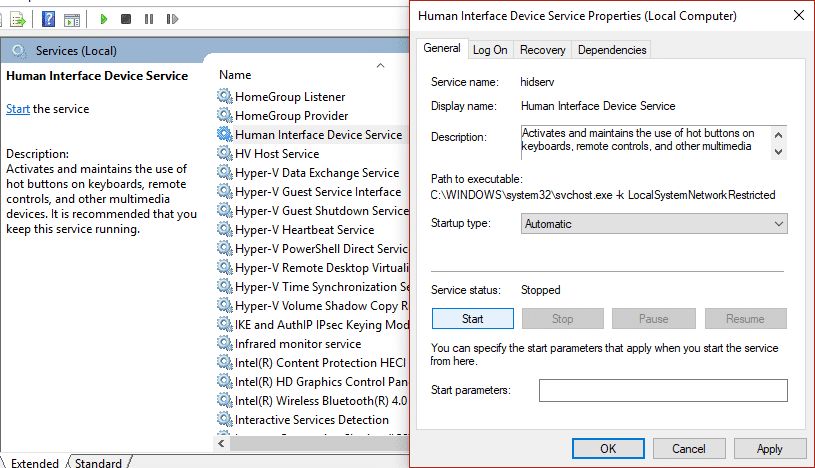 Asegúrese de que el tipo de inicio esté configurado en automático y haga clic en iniciar para el Servicio de dispositivo de interfaz humana