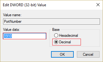 seleccione Decimal debajo de la base y luego ingrese cualquier valor entre 1025 y 65535