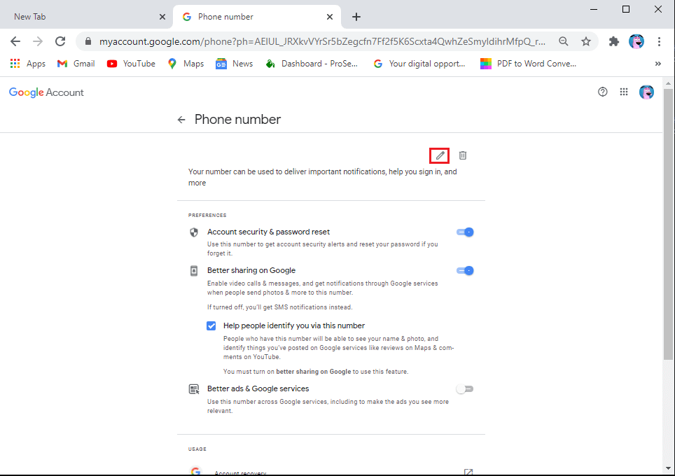 De nuevo, haga clic en el icono de edición junto a su número.  |  Cambie su nombre, número de teléfono y otra información en la cuenta de Google