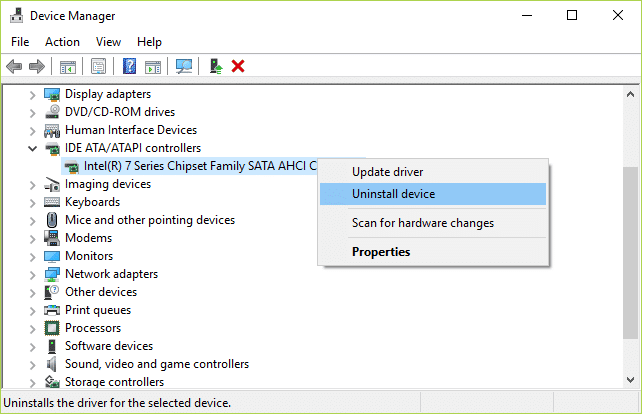 Haga clic derecho en los controladores IDE ATA o ATAPI y luego seleccione Desinstalar