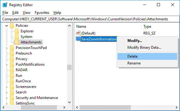 Para habilitar la información de la zona, haga clic con el botón derecho en SaveZoneInformation DWORD y seleccione Eliminar