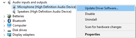 Haga clic derecho en Micrófono y seleccione Actualizar software de controlador