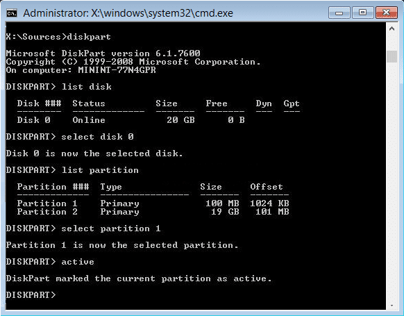 marcar diskpart de partición activa |  Se produjo un error de lectura de disco [SOLVED]