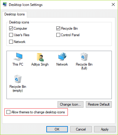 Desmarque Permitir que los temas cambien los íconos del escritorio en la configuración de íconos del escritorio