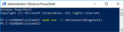 Escriba msdt.exe -id Diagnóstico de mantenimiento en PowerShell