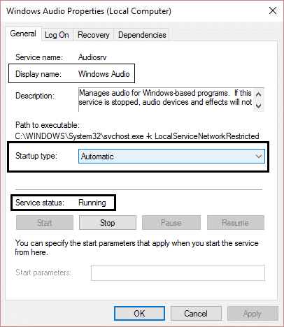 Servicios de audio de Windows automáticos y en ejecución.