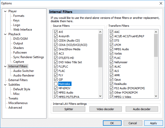 Seleccione Filtros internos en el panel izquierdo y luego desmarque Matroska