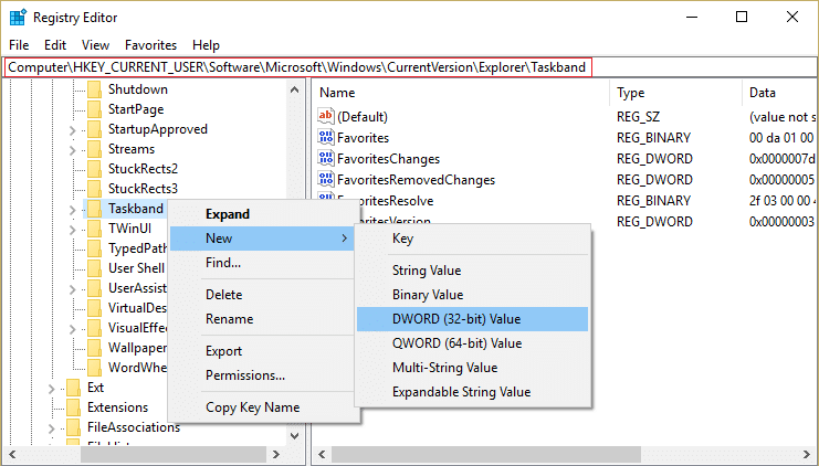 Haga clic con el botón derecho en Taskband y luego seleccione Nuevo y luego valor DWORD (32 bits)